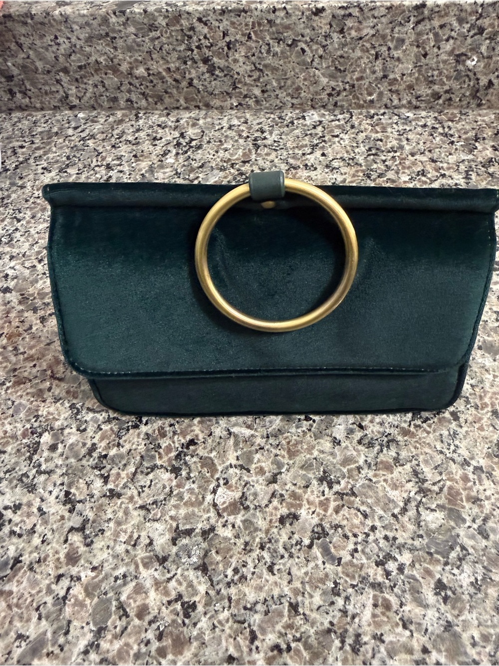 Joy Susan Dark Green Velvet Clutch with Gold Ring Handle